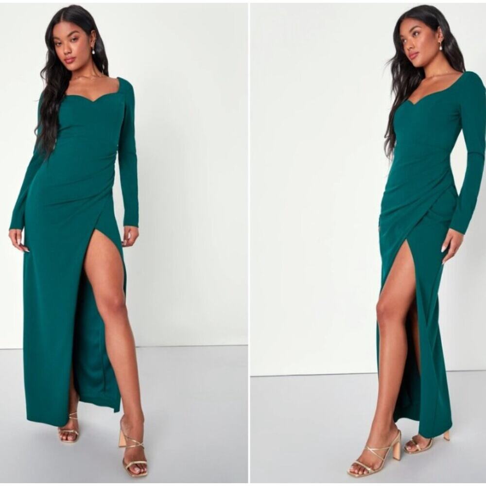 NWT Lulus Undeniable Beauty Dress Womens L Emerald Green Long Sleeve Tulip Maxi